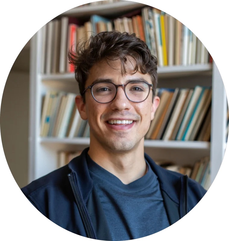 Michael Sandborn smiling in front of a bookshelf.
